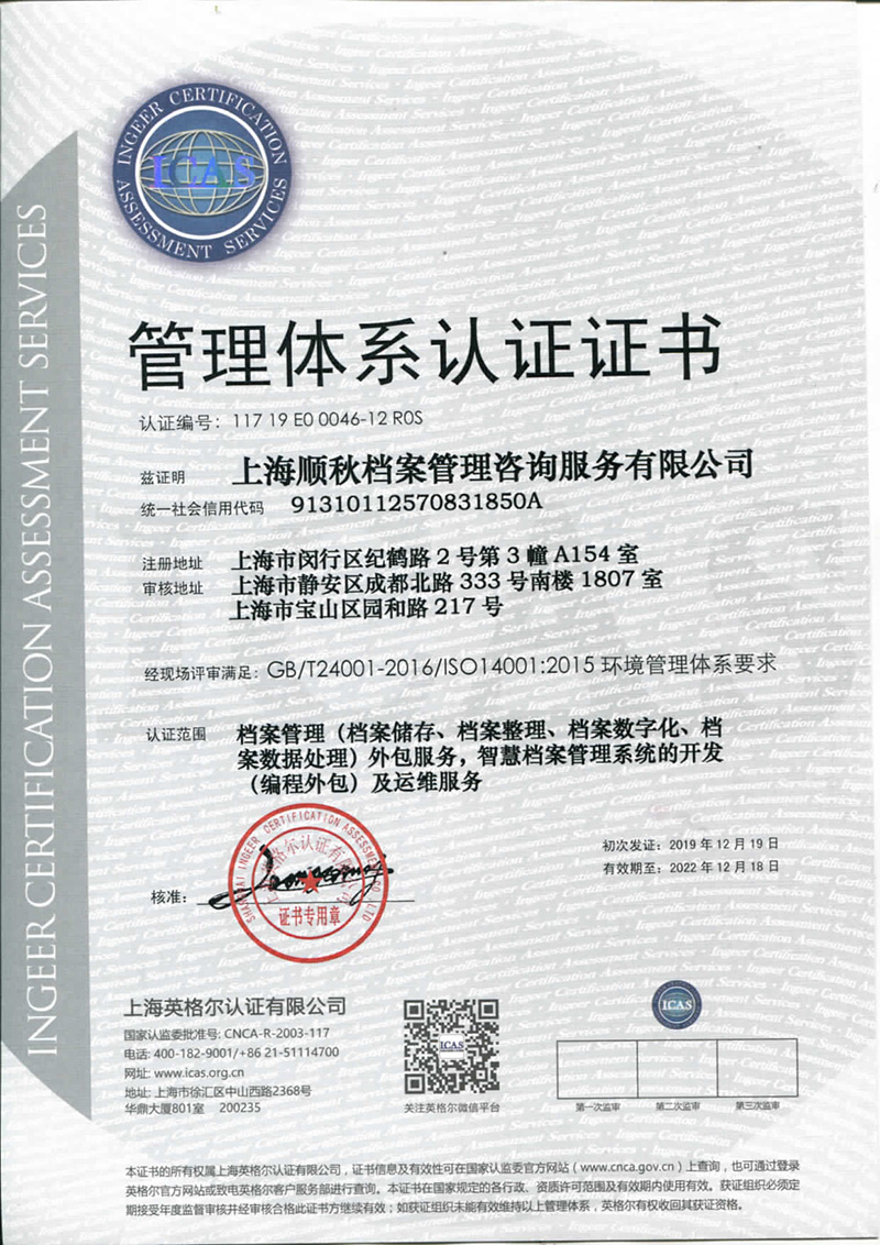管理体系认证证书ISO14001